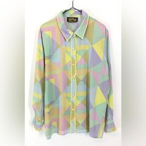 Vintage Bob Mackie Wearable Art 100% Silk Pastel Colorful Geometric Blouse M